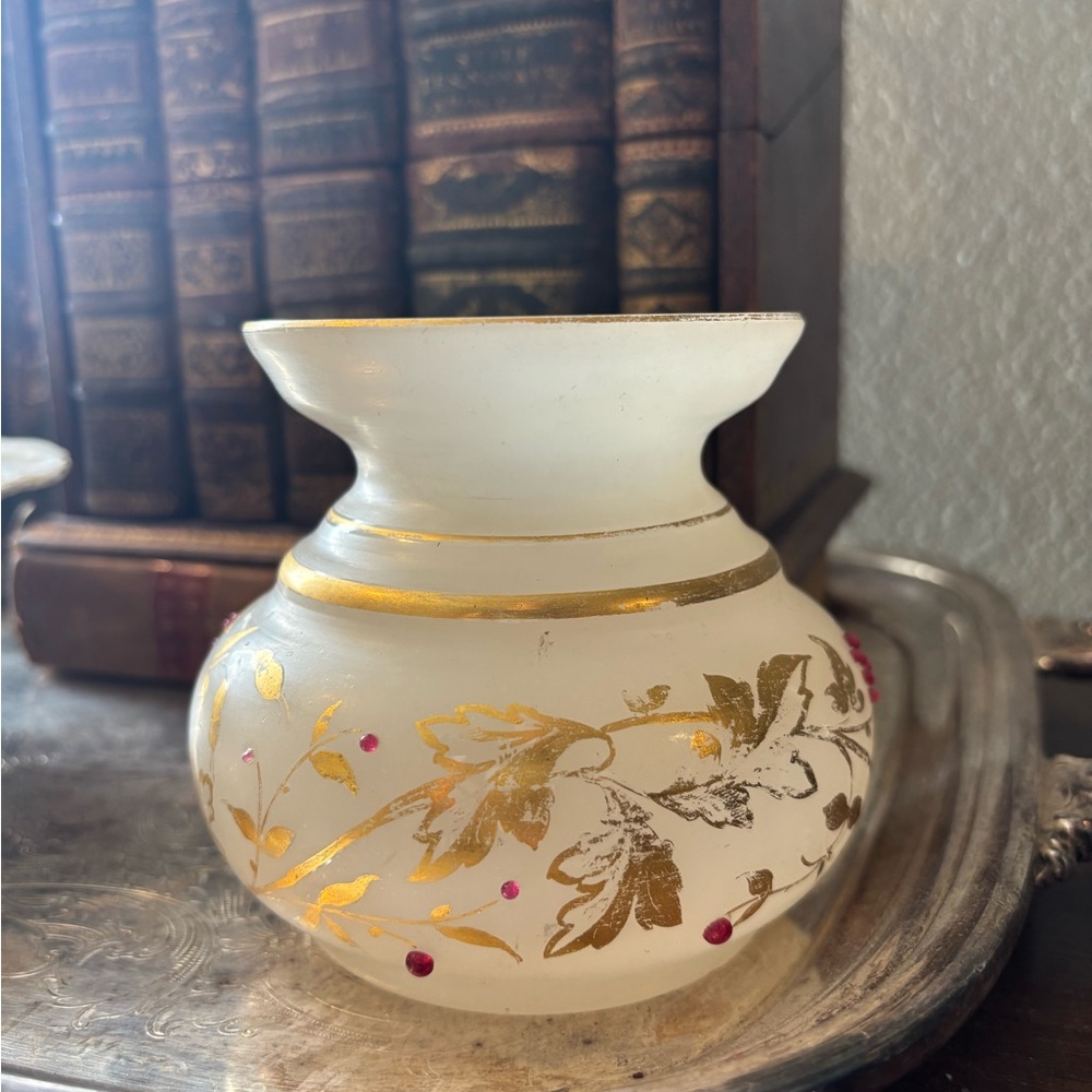 White Opaline Vase w Gold Hand Painted Details